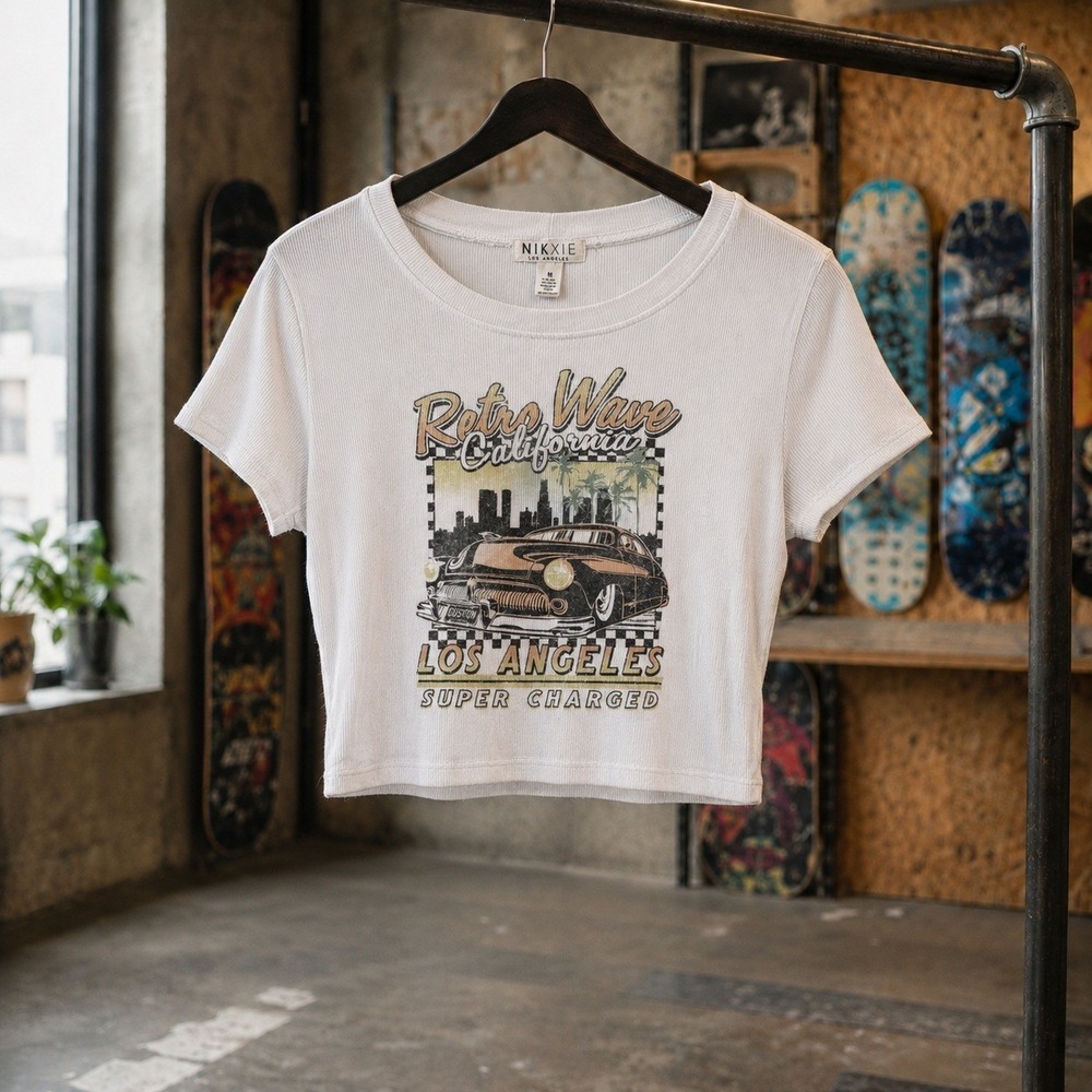 Nikxie Los Angeles Retro Wave California Graphic Ribbed Crop Top White Medium